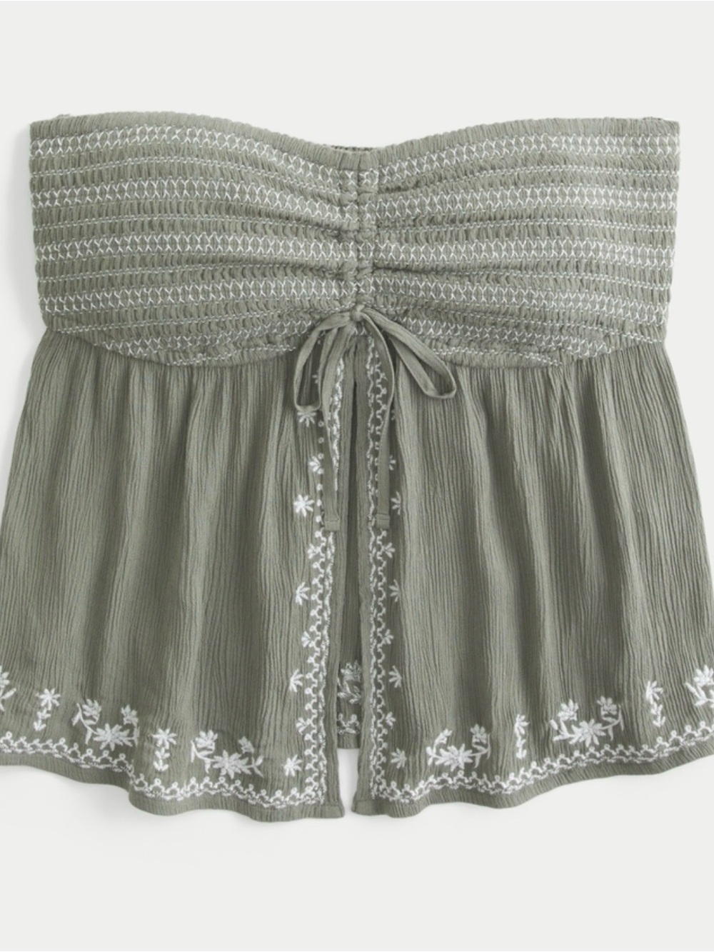 Hollister Olive Green Smocked Strapless Camisole with White Embroidery